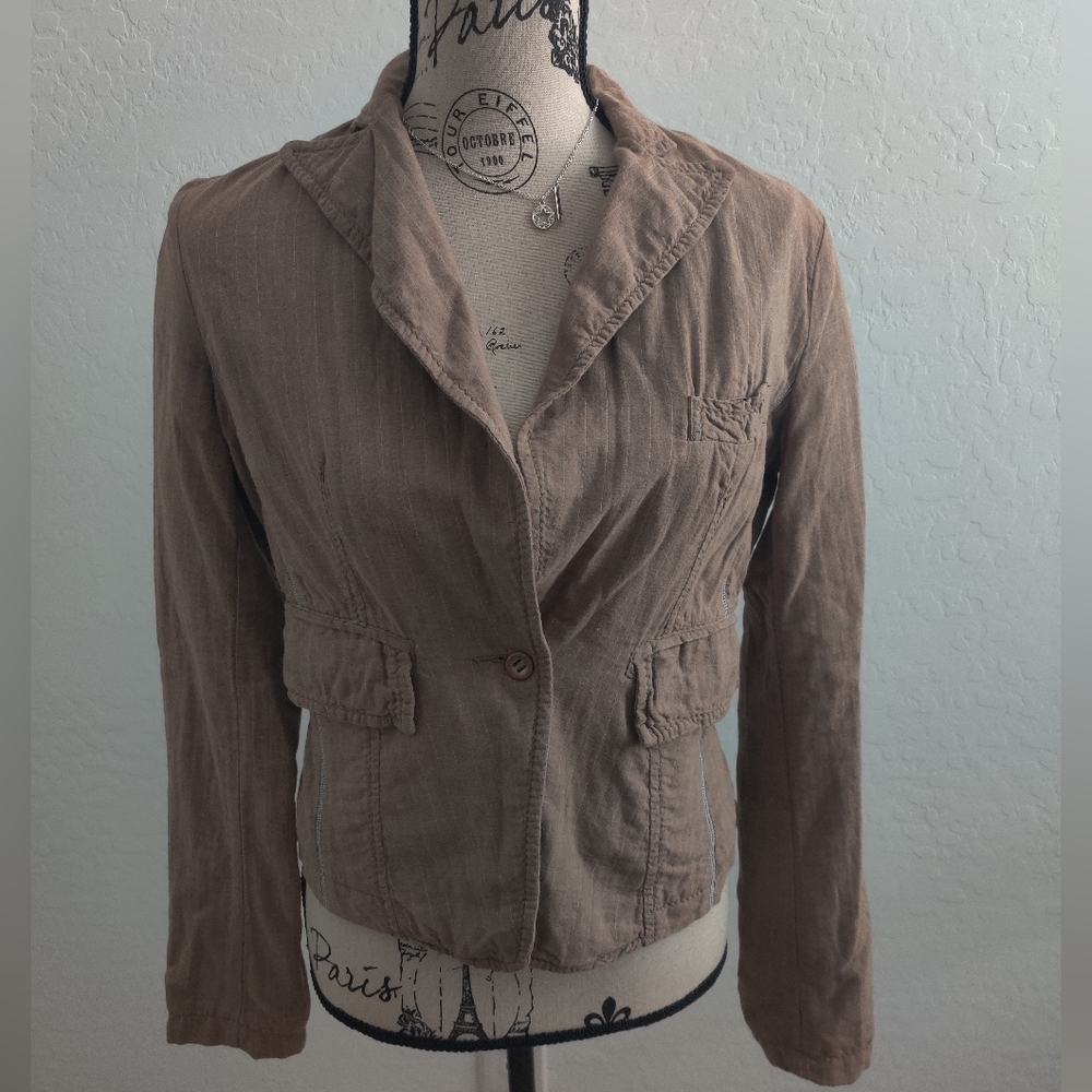 🆕 Da Nang Beige Pinstripe 100% cotton Retro office Blazer Suit jacket_Small
